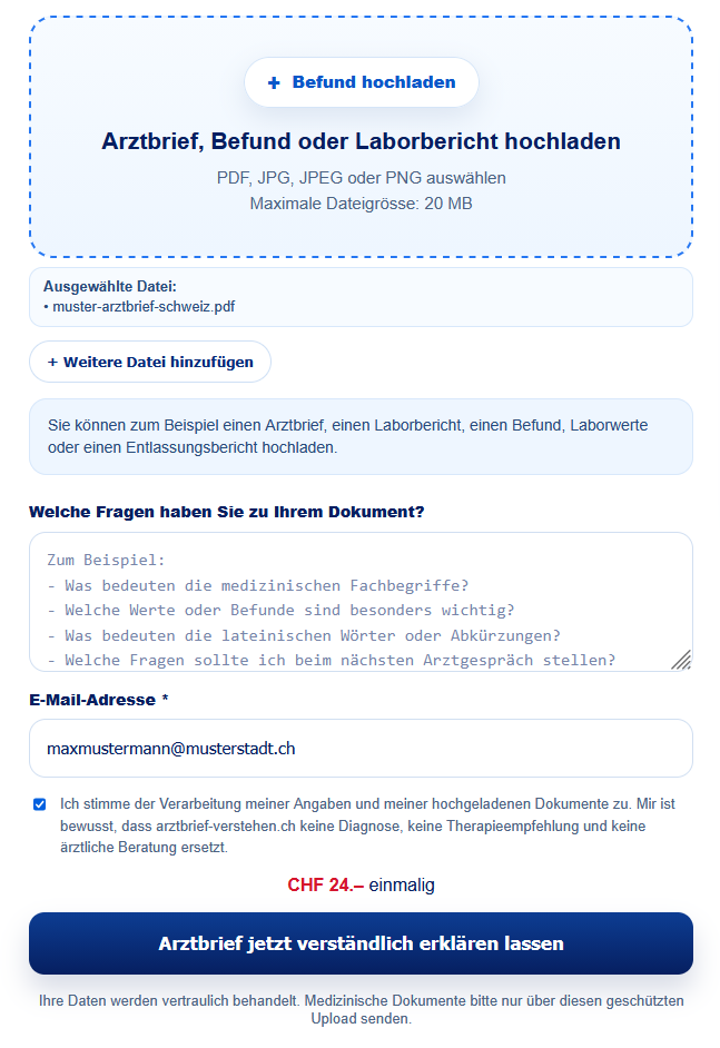 Upload-Formular: Dokument hochladen und Frage mitgeben