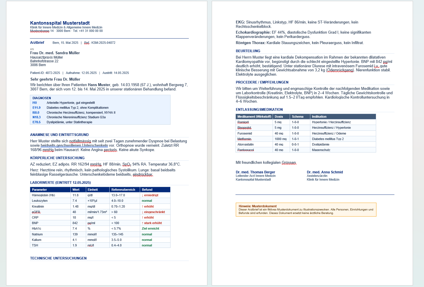 Beispiel eines Arztbriefs mit Diagnosen, Laborwerten und Befunden