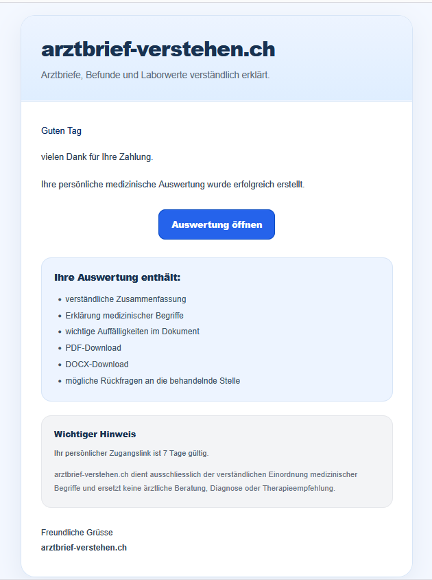Bestätigungs-E-Mail mit Zugangslink zur Auswertung